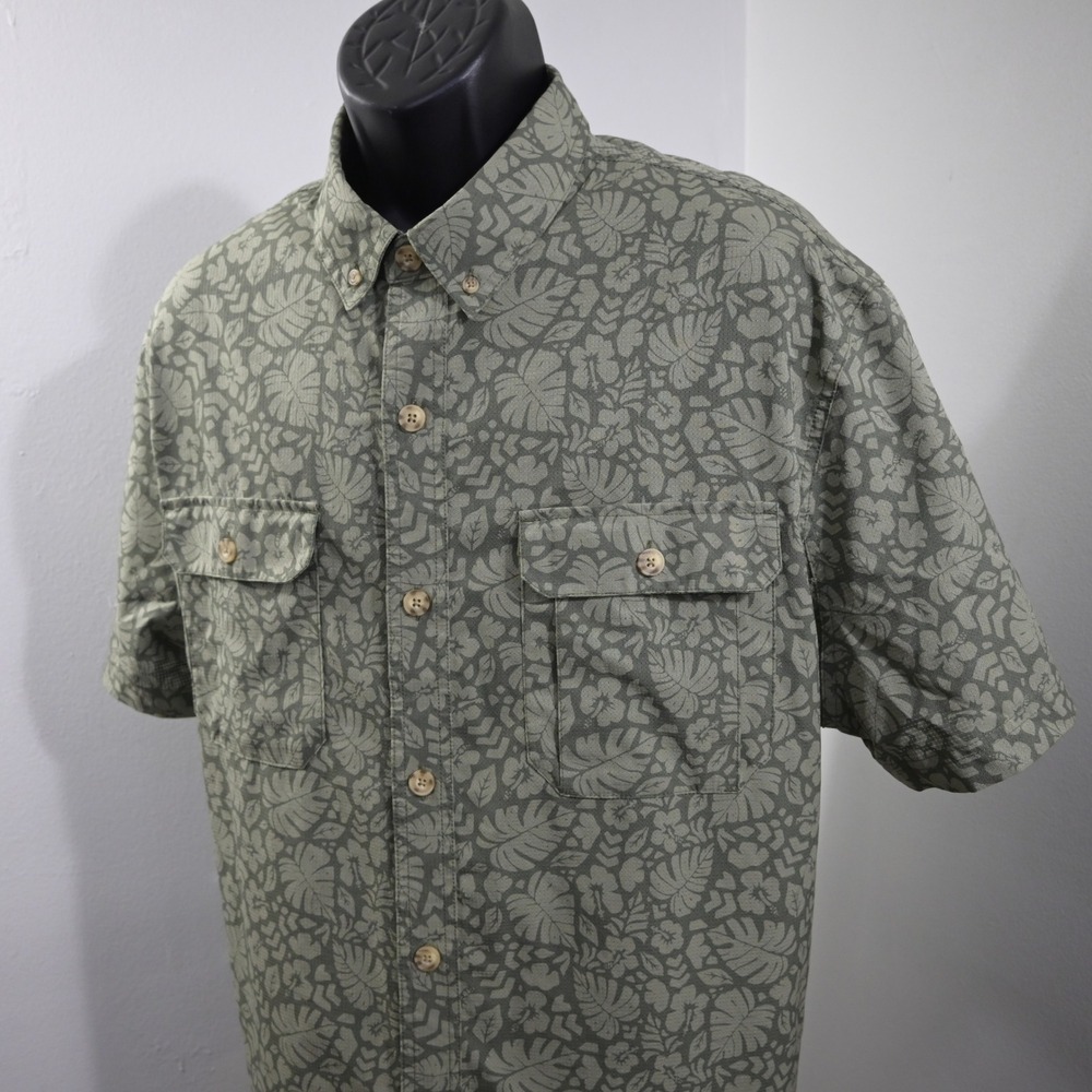 Duluth Trading Co Vented Fishing Shirt Mens 2XL Relaxed Fit Green Tropical Leaf